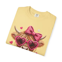 Highland Cow - Pink Heart Shaped Glasses - Comfort Colors | Trendy Women's T-Shirt. Direct to Garment. Printed & Shipped in the USA. Unisex Sizes.