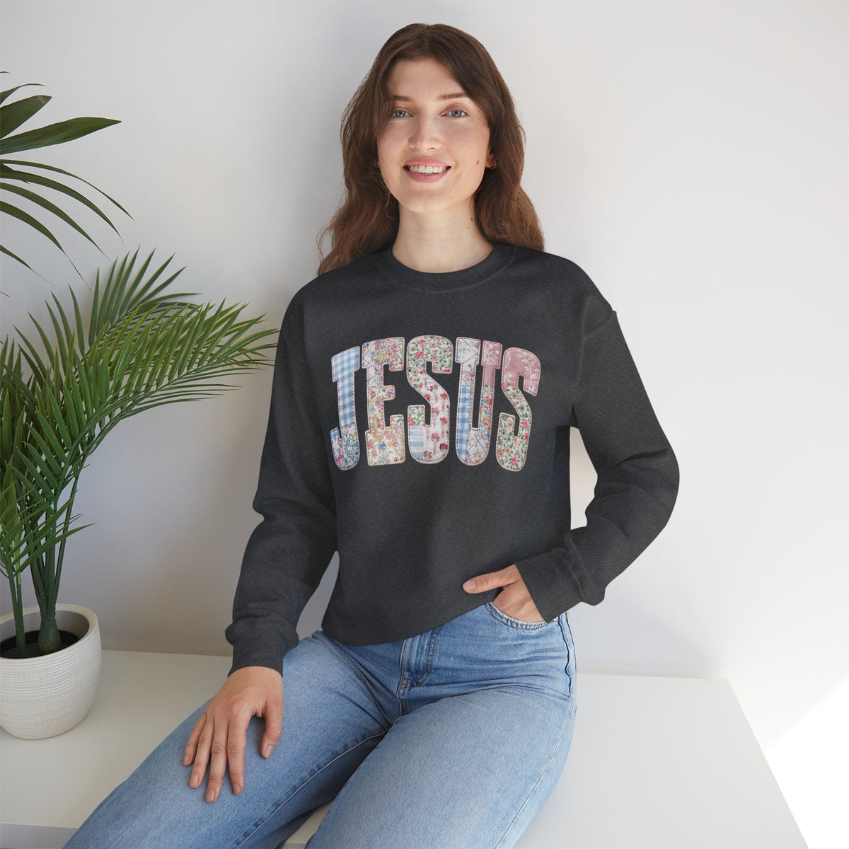 Jesus faux Patchwork – Gildan Heavy Blend | Trendy Women’s Soft Sweatshirt. Direct to Garment. Printed & Shipped in the USA. Unisex Sizes.