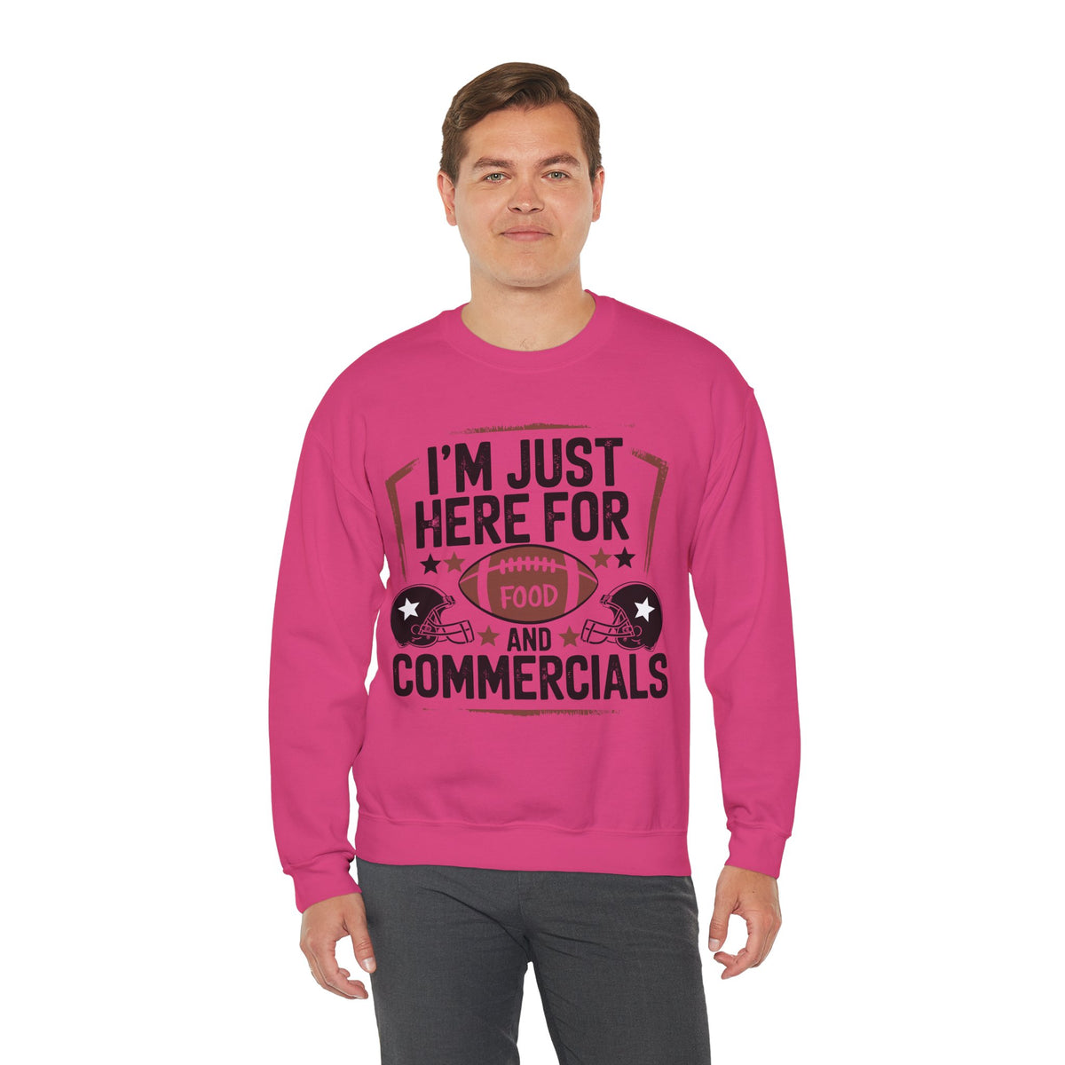 I'm Just Here for Food and Commercials – Gildan Heavy Blend | Trendy Women’s and Men's Soft Sweatshirt. Direct to Garment. Printed & Shipped in the USA. Unisex Sizes.