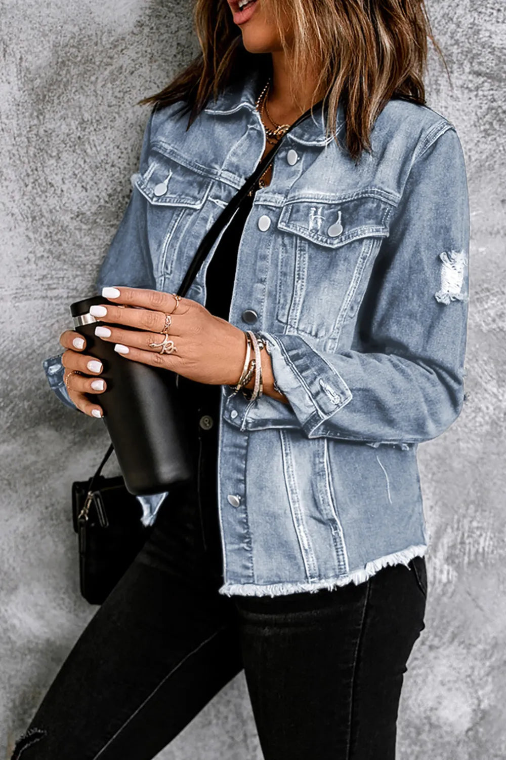 Ella Blue Jean Jacket, Distressed w/Raw Hem