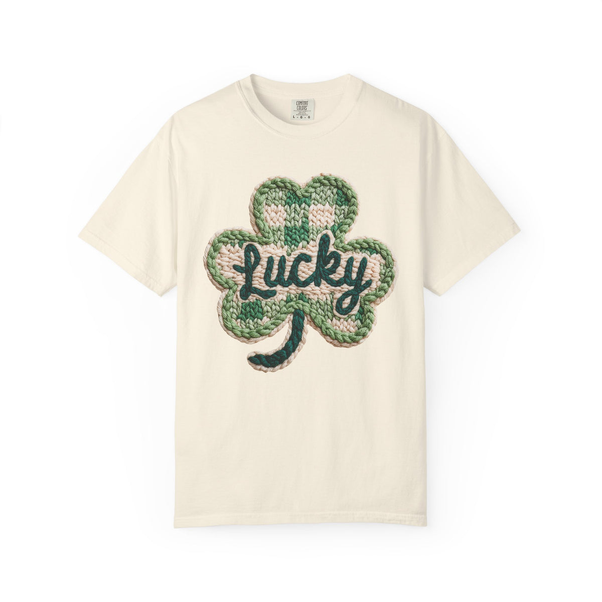 Lucky Shamrock Faux Knit - Comfort Colors | Trendy Men's and Women's T-Shirt. Direct to Garment. Printed & Shipped in the USA. Unisex Sizes.