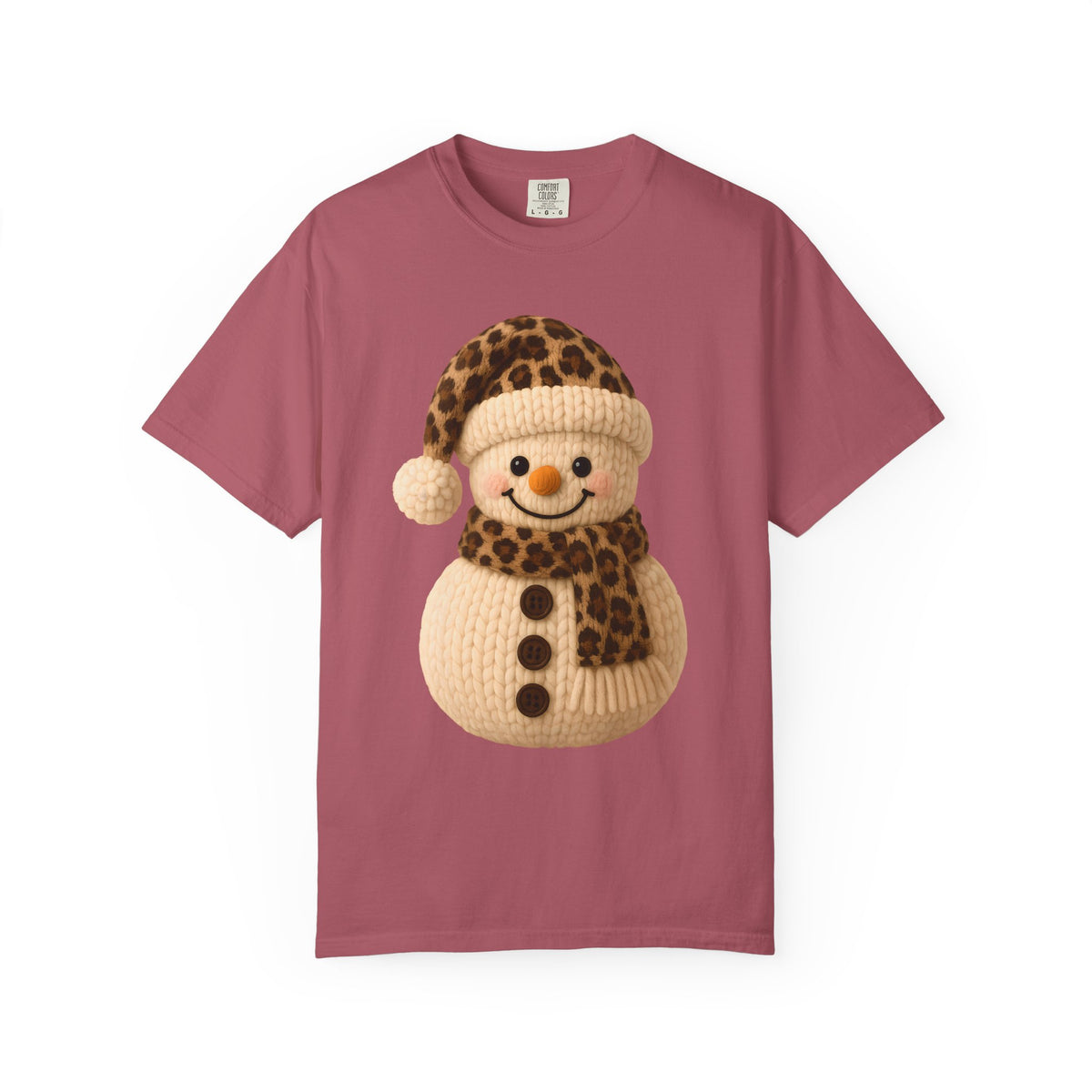 Cute Leopard Faux Knit Snowman Winter - Comfort Colors | Trendy Women's T-Shirt. Direct to Garment. Printed & Shipped in the USA. Unisex Sizes.