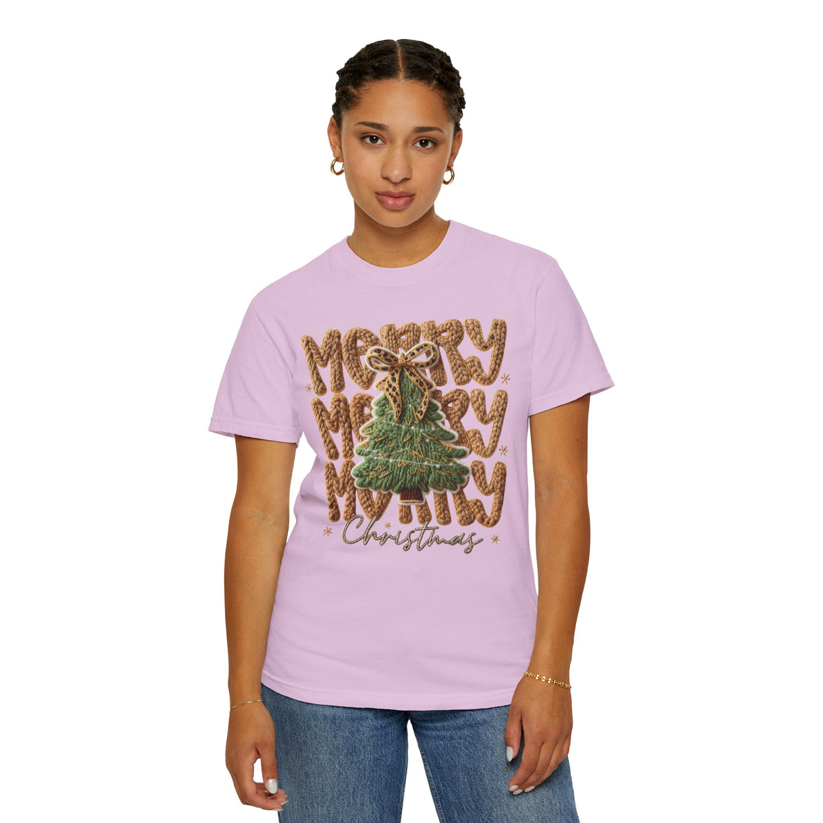 Merry Merry Merry Christmas, Faux Latch Hook Yarn - Comfort Colors | Trendy Women's T-Shirt. Direct to Garment. Printed & Shipped in the USA. Unisex Sizes.