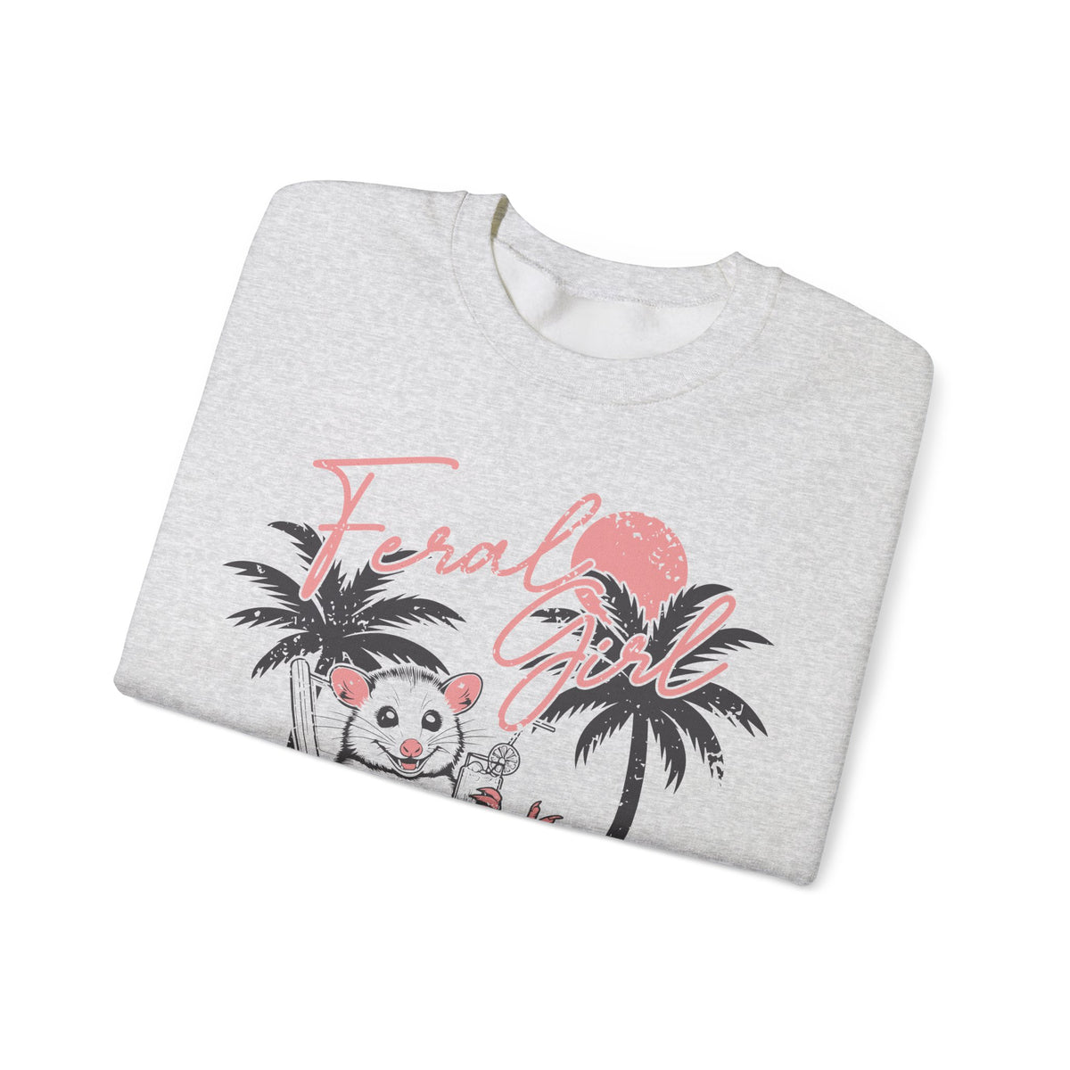 Feral Girl Summer, Possum on a Beach – Gildan Heavy Blend | Trendy Women’s Soft Sweatshirt. Direct to Garment. Printed & Shipped in the USA. Unisex Sizes.