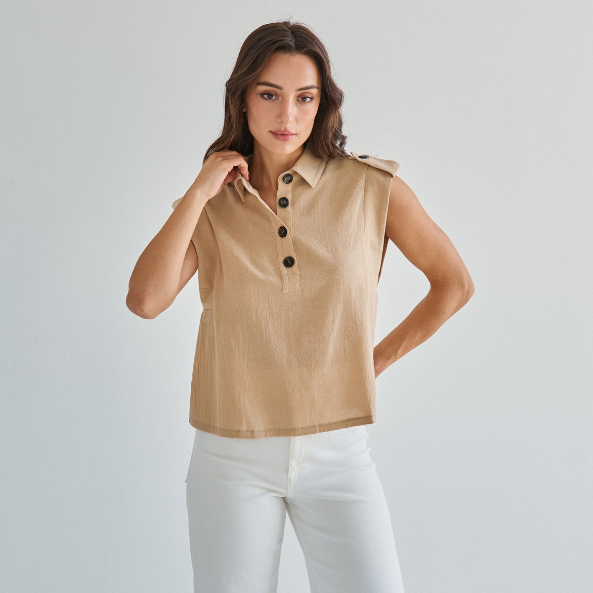 Sleeveless Button 100% Cotton Beige Top w/Extra Side Bra Coverage