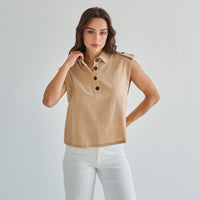 Sleeveless Button 100% Cotton Beige Top w/Extra Side Bra Coverage