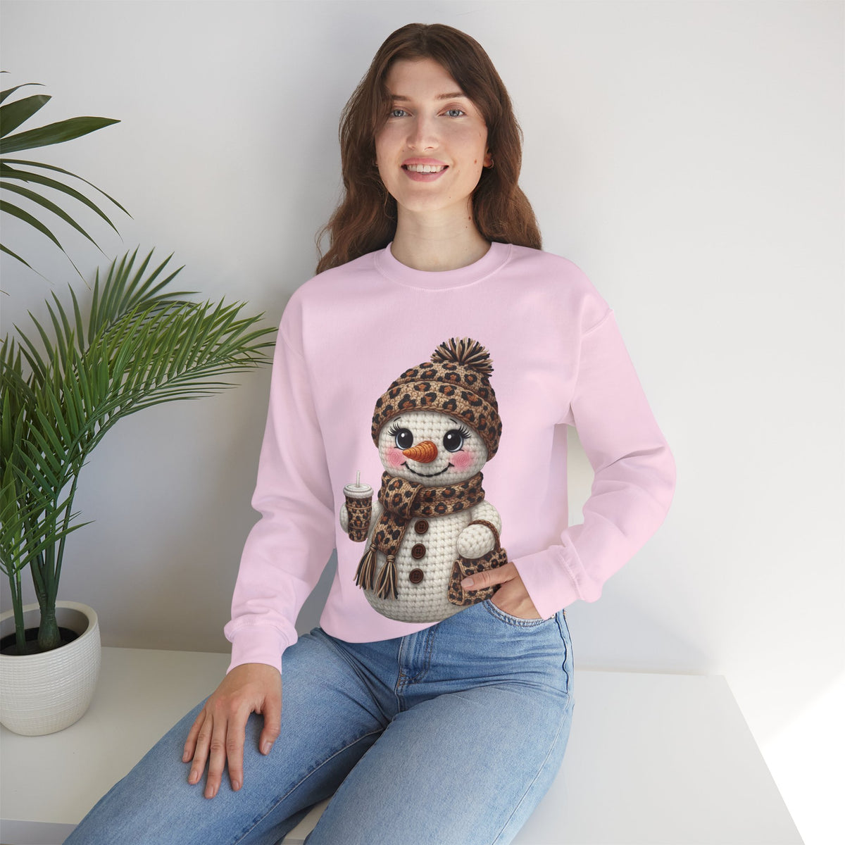 Leopard Snowman - Leopard Purse, Drink, Hat & Scarf – Gildan Heavy Blend | Trendy Women’s Soft Sweatshirt. Direct to Garment. Printed & Shipped in the USA. Unisex Sizes.