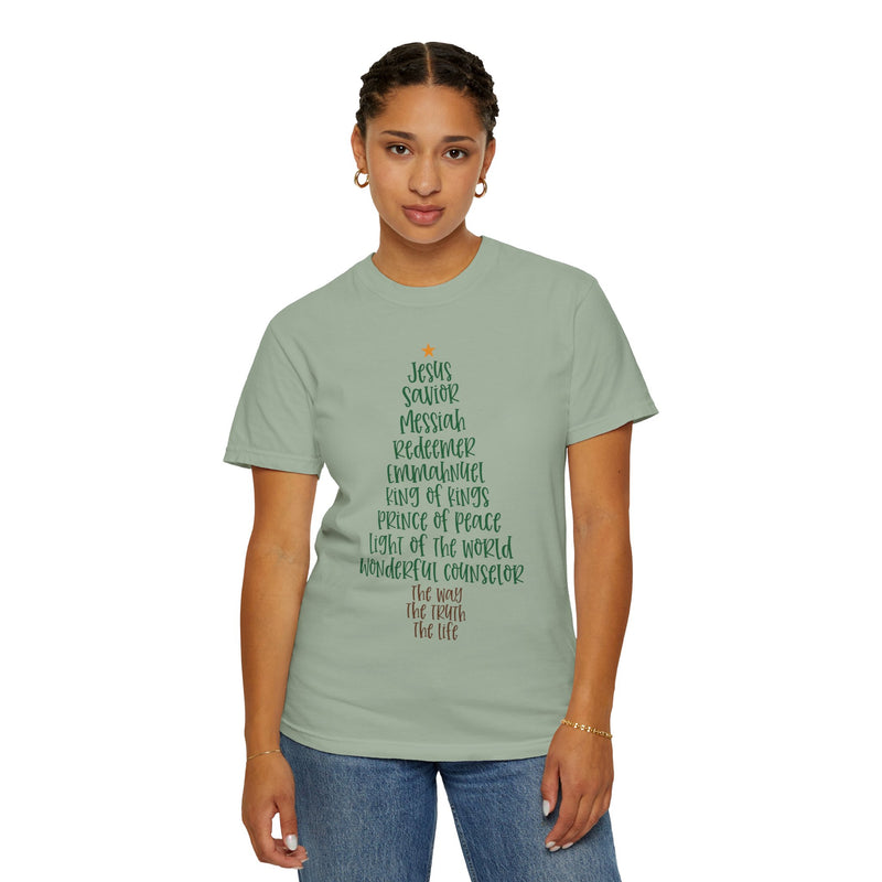 Jesus Name Christmas Tree - Comfort Colors | Trendy Women's T-Shirt. Direct to Garment. Printed & Shipped in the USA. Unisex Sizes.