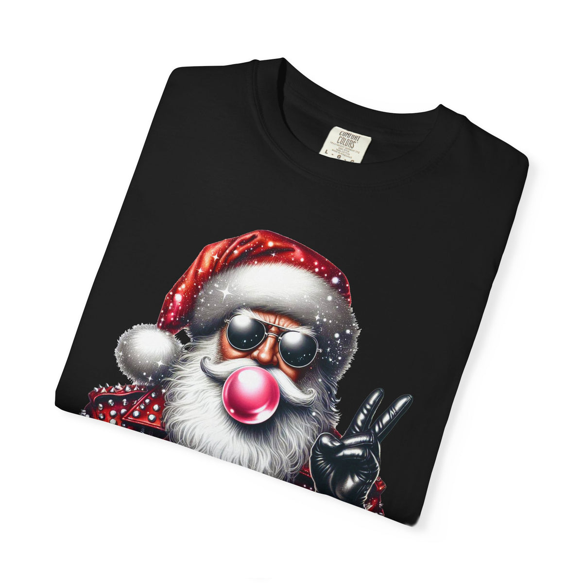 Biker Santa Leather Jacket Bubblegum - Comfort Colors | Trendy Women's and Men's T-Shirt. Direct to Garment. Printed & Shipped in the USA. Unisex Sizes.