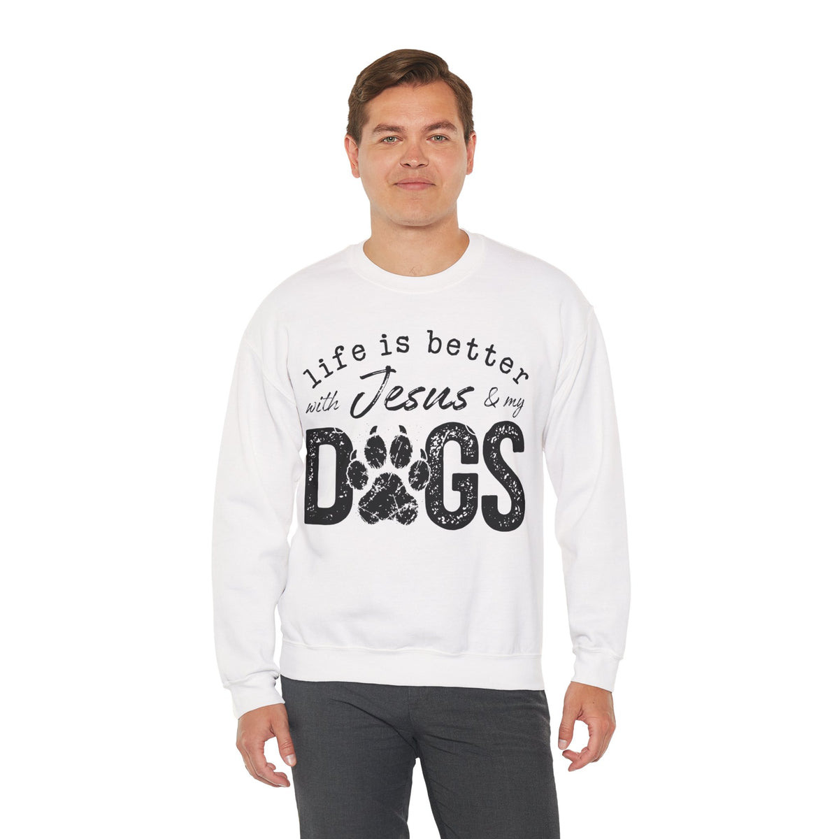Life is Better With Jesus and My Dogs – Gildan Heavy Blend | Trendy Women’s and Men's Soft Sweatshirt. Direct to Garment. Printed & Shipped in the USA. Unisex Sizes.