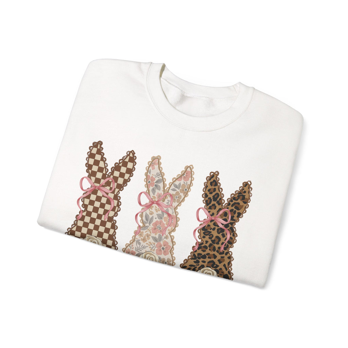 Easter Bunny Trio - Checkered, Floral & Leopard – Gildan Heavy Blend | Trendy Women’s Soft Sweatshirt. Direct to Garment. Printed & Shipped in the USA. Unisex Sizes.