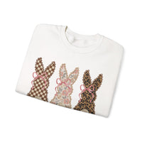 Easter Bunny Trio - Checkered, Floral & Leopard – Gildan Heavy Blend | Trendy Women’s Soft Sweatshirt. Direct to Garment. Printed & Shipped in the USA. Unisex Sizes.
