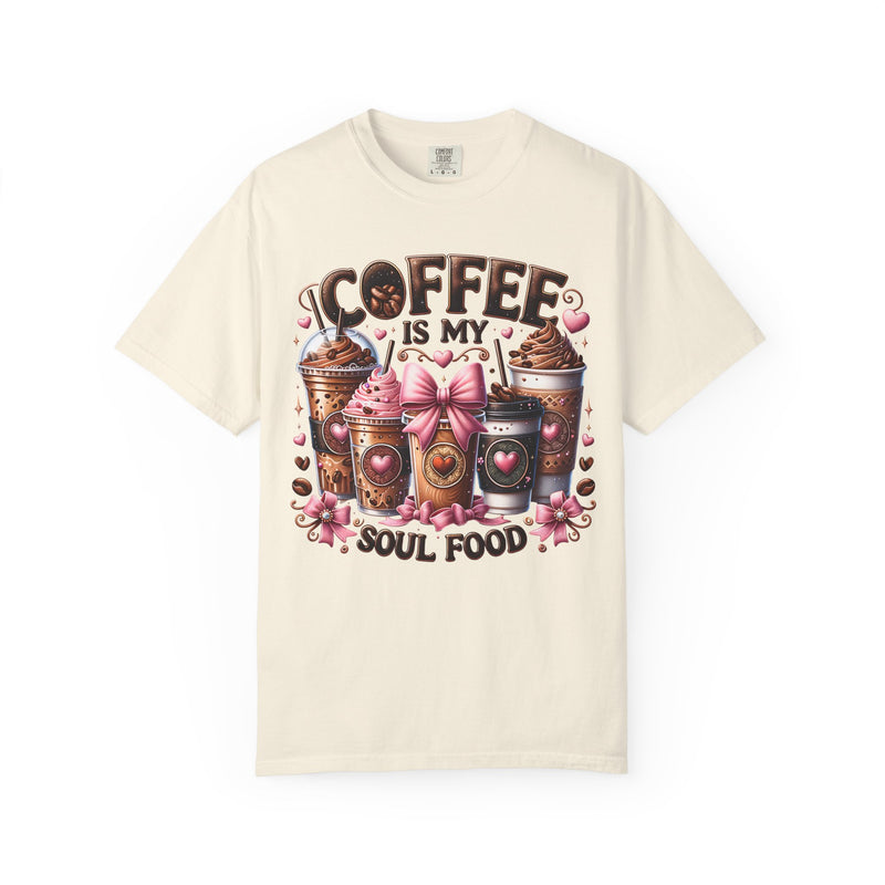 Coffee Is My Soul Food, Iced Coffee, Pink Bow - Comfort Colors | Trendy Women's T-Shirt. Direct to Garment. Printed & Shipped in the USA. Unisex Sizes.