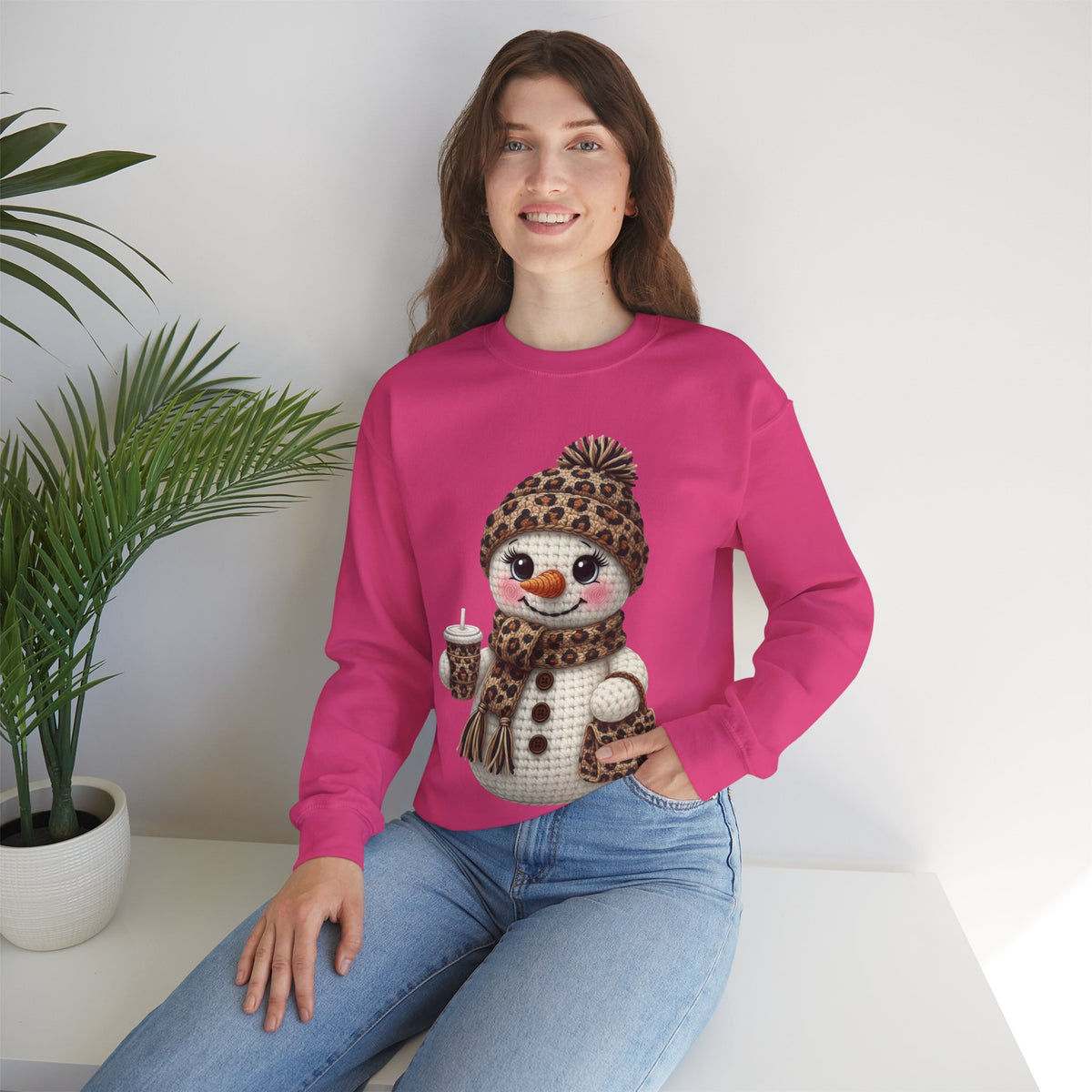 Leopard Snowman - Leopard Purse, Drink, Hat & Scarf – Gildan Heavy Blend | Trendy Women’s Soft Sweatshirt. Direct to Garment. Printed & Shipped in the USA. Unisex Sizes.