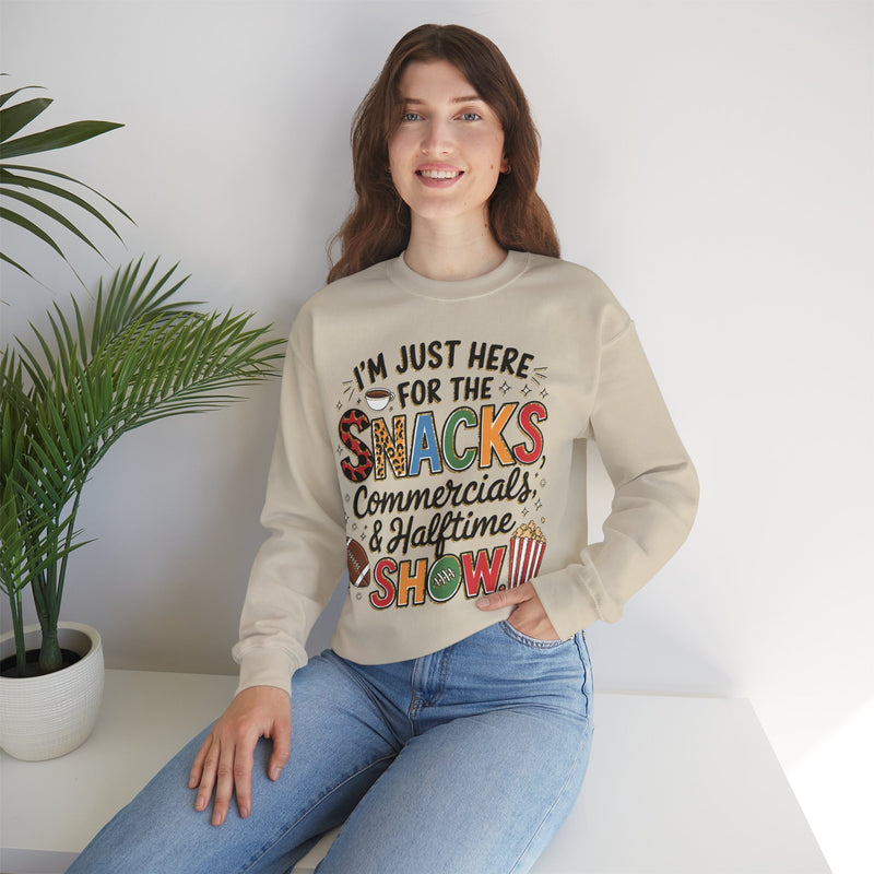 I’m Just Here for the Snacks, Commercials & Halftime Show – Gildan Heavy Blend | Trendy Women’s Soft Sweatshirt. Direct to Garment. Printed & Shipped in the USA. Unisex Sizes.