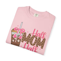 Half Mom Half Coffee. Cute Leopard Print Coffee Design - Comfort Colors | Trendy Women's T-Shirt. Direct to Garment. Printed & Shipped in the USA. Unisex Sizes.