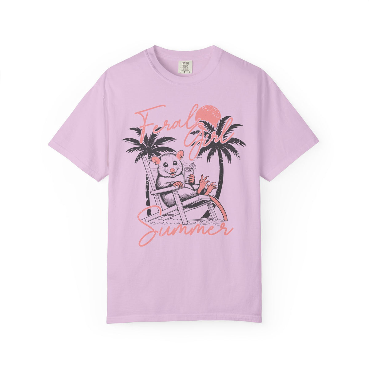 Feral Girl Summer, Possum on a Beach - Comfort Colors | Trendy Women's T-Shirt. Direct to Garment. Printed & Shipped in the USA. Unisex Sizes.