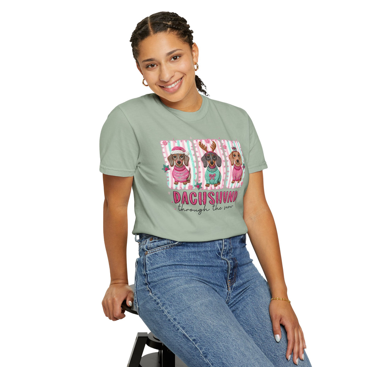 Dachshund Through the Snow - Comfort Colors | Trendy Women's T-Shirt. Direct to Garment. Printed & Shipped in the USA. Unisex Sizes.