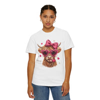 Highland Cow - Pink Heart Shaped Glasses - Comfort Colors | Trendy Women's T-Shirt. Direct to Garment. Printed & Shipped in the USA. Unisex Sizes.