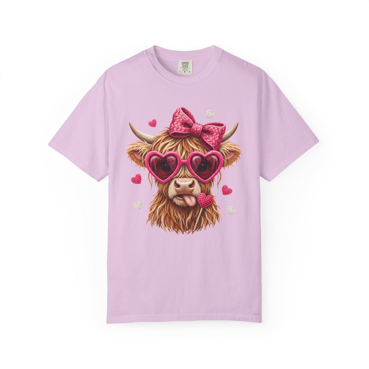 Highland Cow - Pink Heart Shaped Glasses - Comfort Colors | Trendy Women's T-Shirt. Direct to Garment. Printed & Shipped in the USA. Unisex Sizes.