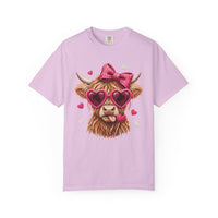 Highland Cow - Pink Heart Shaped Glasses - Comfort Colors | Trendy Women's T-Shirt. Direct to Garment. Printed & Shipped in the USA. Unisex Sizes.