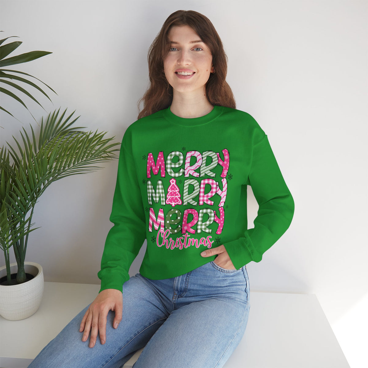 Merry Merry Merry Christmas Festive Candy Cane - Pink and Green – Gildan Heavy Blend | Trendy Women’s Soft Sweatshirt. Direct to Garment. Printed & Shipped in the USA. Unisex Sizes.