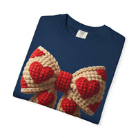 Faux Crochet Valentine Bow - Comfort Colors | Trendy Women's T-Shirt. Direct to Garment. Printed & Shipped in the USA. Unisex Sizes.