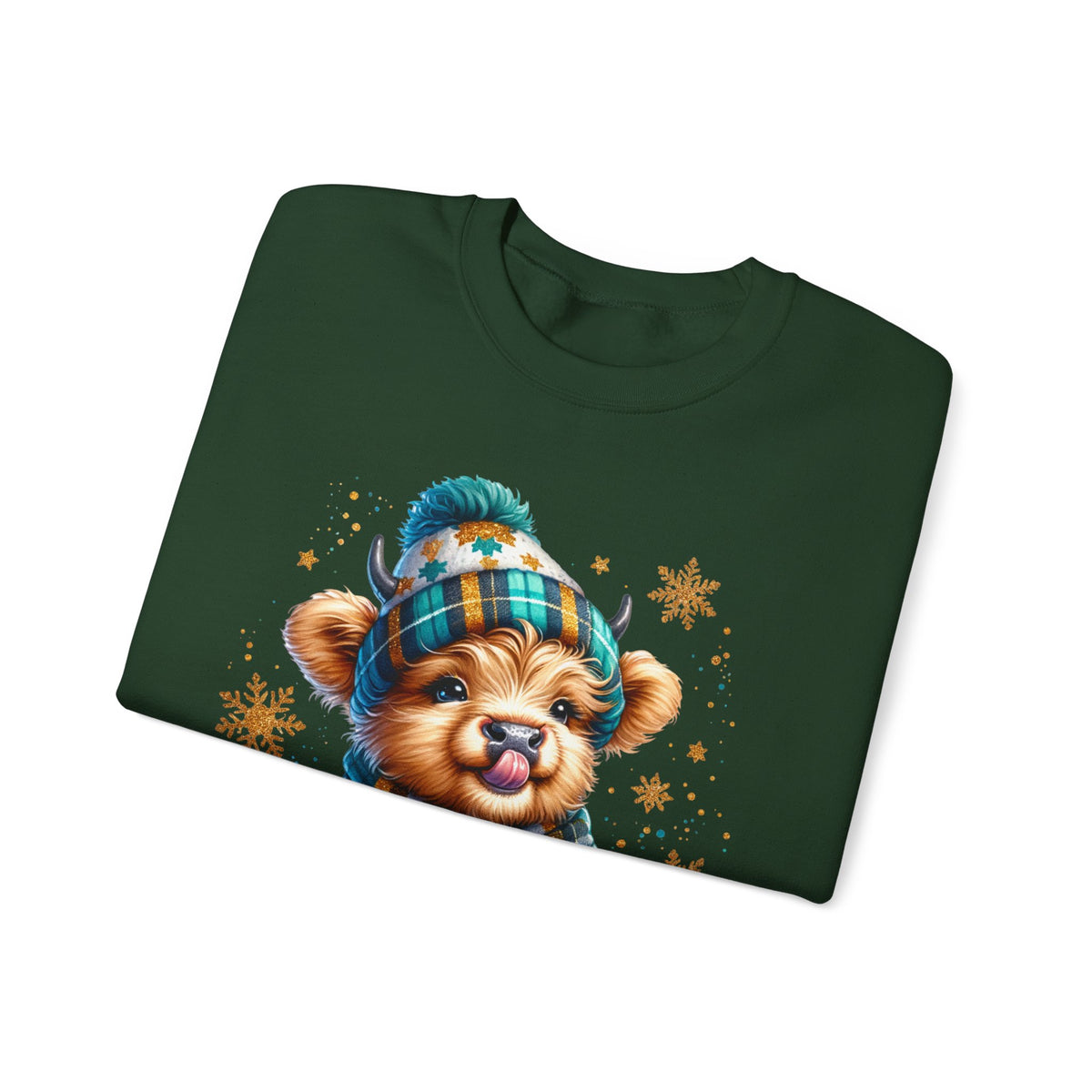 Winter Baby Highland Cow with Cocoa – Gildan Heavy Blend | Trendy Women’s Soft Sweatshirt. Direct to Garment. Printed & Shipped in the USA. Unisex Sizes.