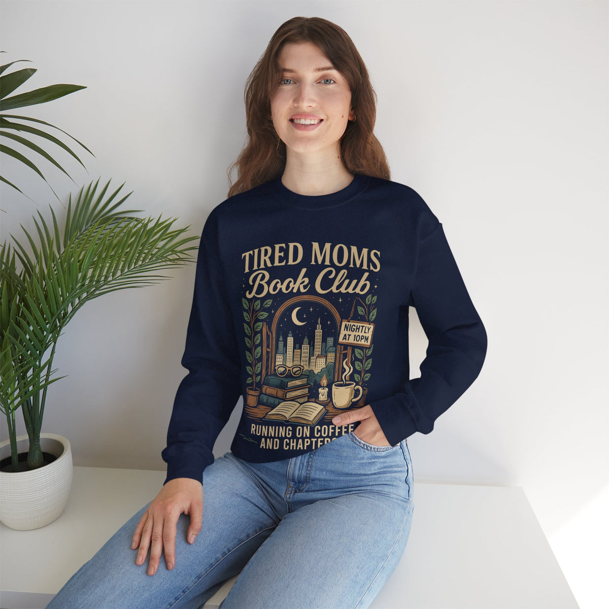 Tired Moms Book Club Running on Coffee and Chapters – Gildan Heavy Blend | Trendy Women’s Soft Sweatshirt. Direct to Garment. Printed & Shipped in the USA. Unisex Sizes.
