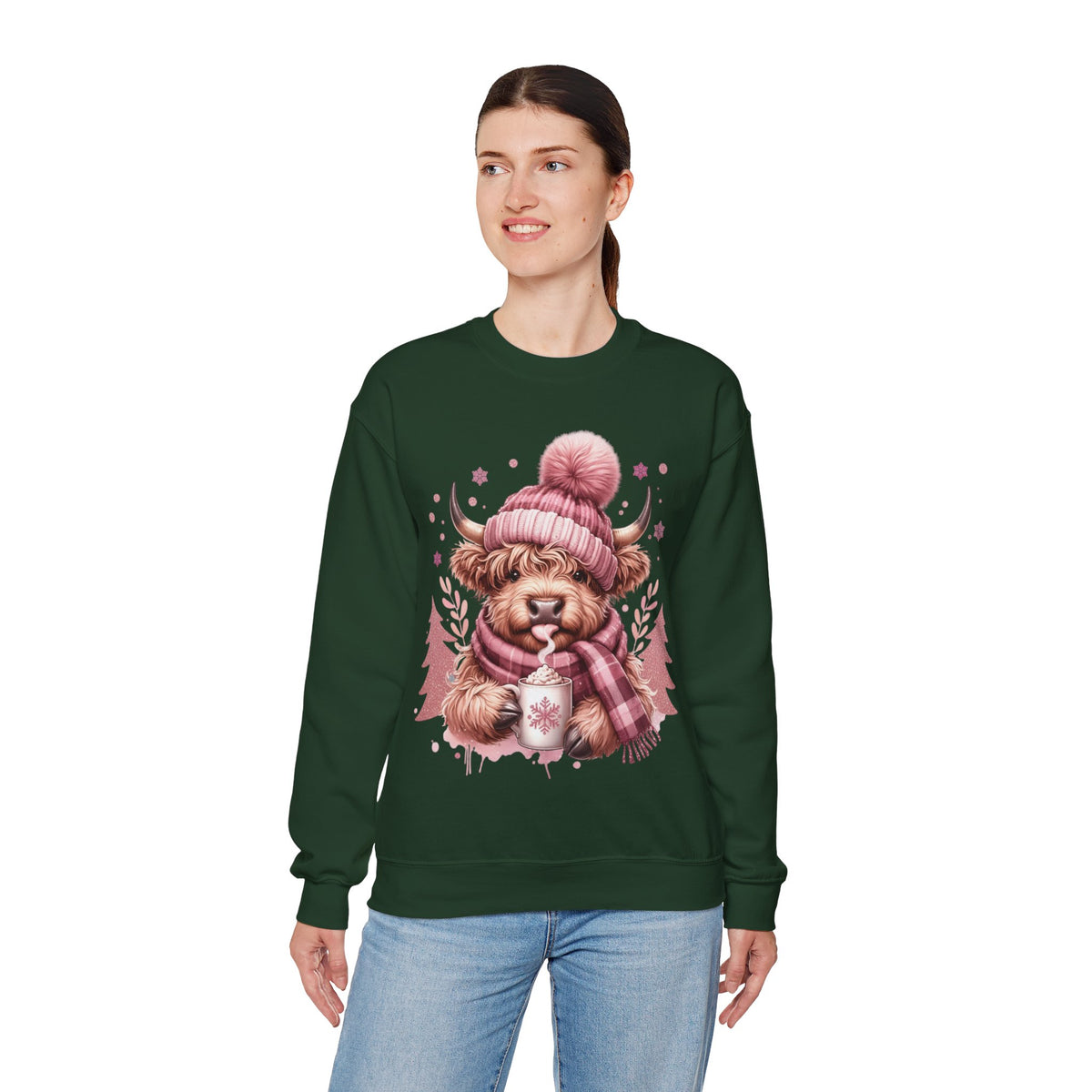 Cozy Highland Cow, Winter Coffee Mug & Scarf Pink – Gildan Heavy Blend | Trendy Women’s Soft Sweatshirt. Direct to Garment. Printed & Shipped in the USA. Unisex Sizes.