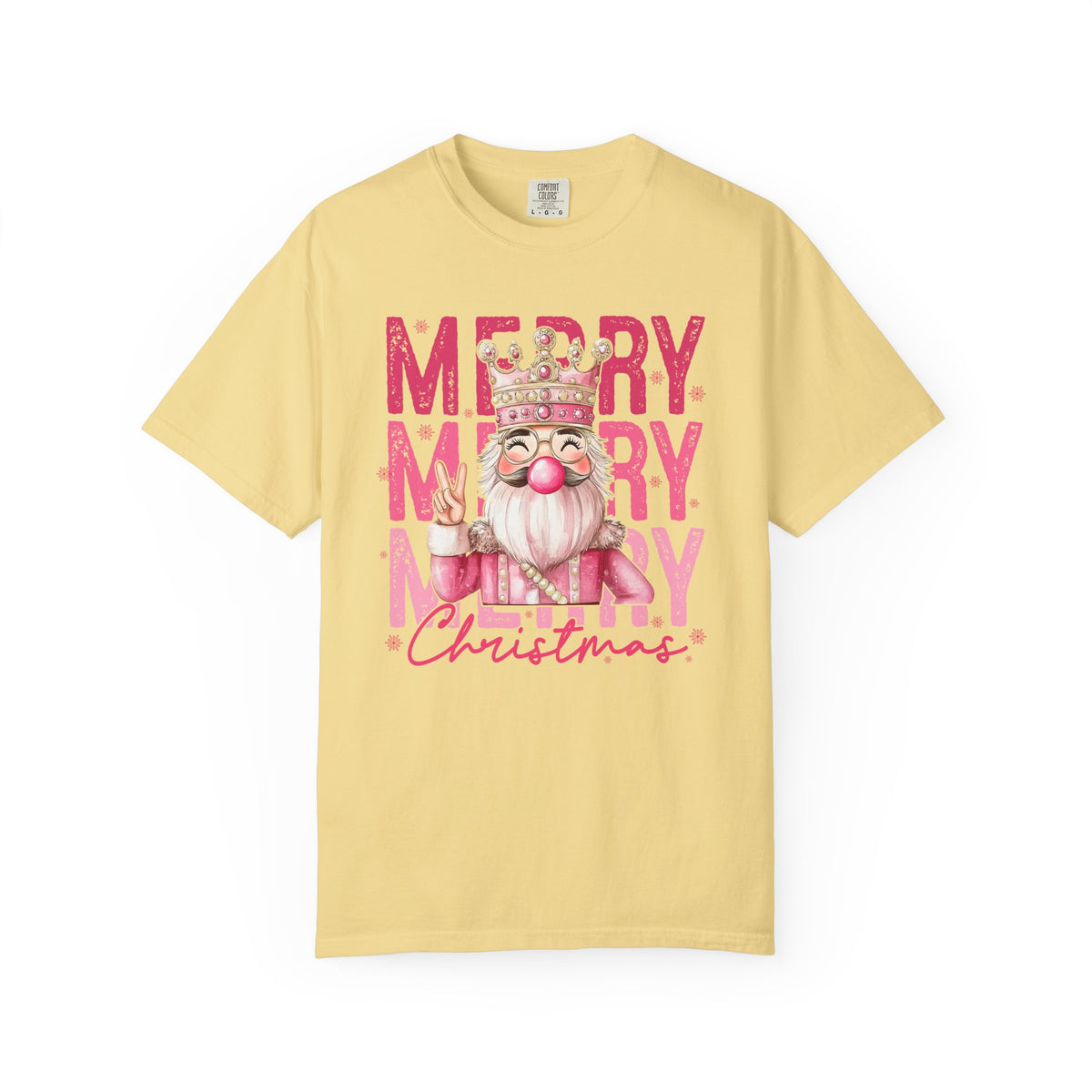 Merry Christmas — Cute Pink Bubblegum Nutcracker  - Comfort Colors | Trendy Women's T-Shirt. Direct to Garment. Printed & Shipped in the USA. Unisex Sizes.