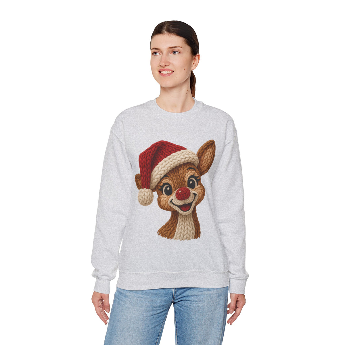 Cute Rudolph Faux Knit Look Reindeer w/Santa Hat – Gildan Heavy Blend | Trendy Women’s Soft Sweatshirt. Direct to Garment. Printed & Shipped in the USA. Unisex Sizes.