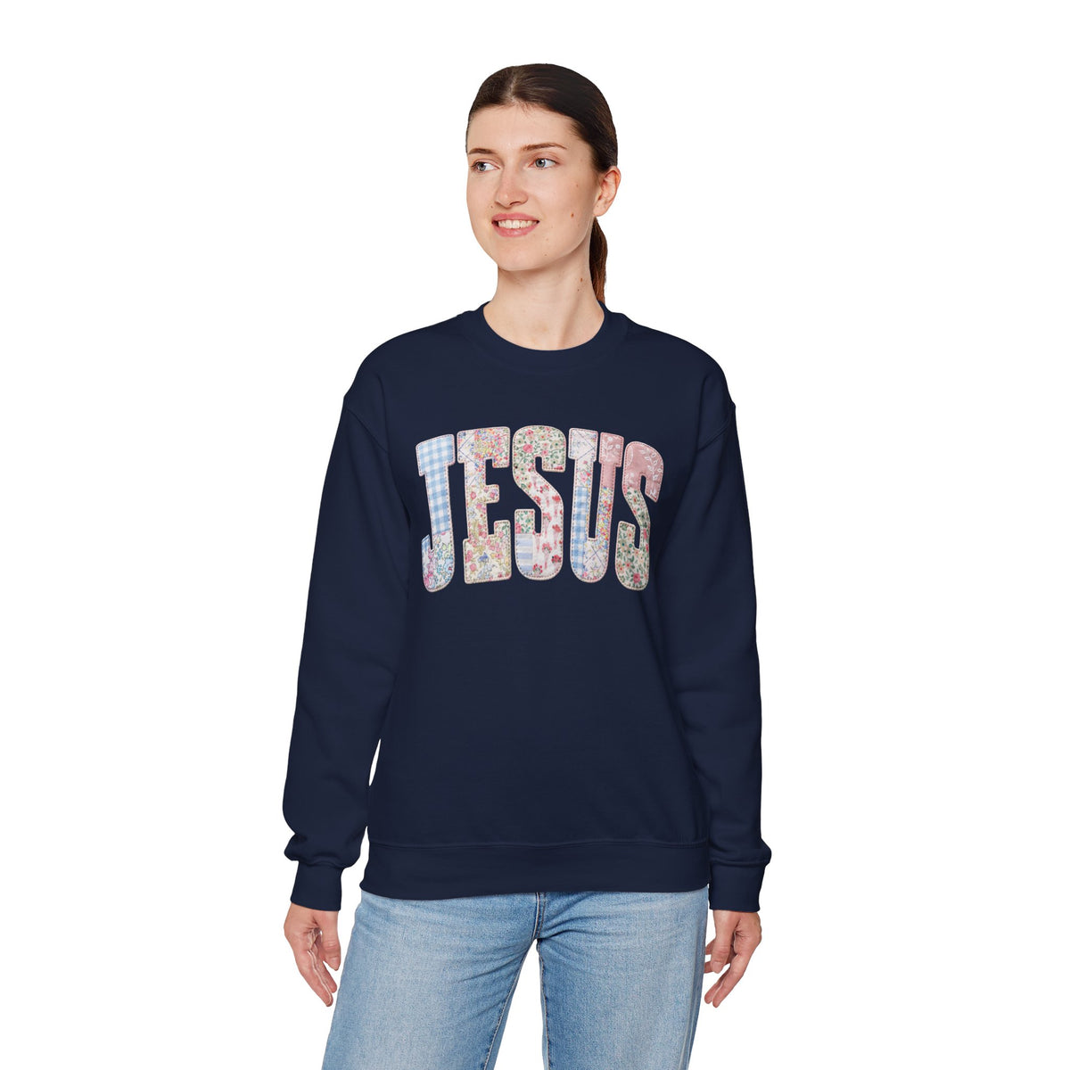 Jesus faux Patchwork – Gildan Heavy Blend | Trendy Women’s Soft Sweatshirt. Direct to Garment. Printed & Shipped in the USA. Unisex Sizes.