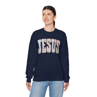 Jesus faux Patchwork – Gildan Heavy Blend | Trendy Women’s Soft Sweatshirt. Direct to Garment. Printed & Shipped in the USA. Unisex Sizes.