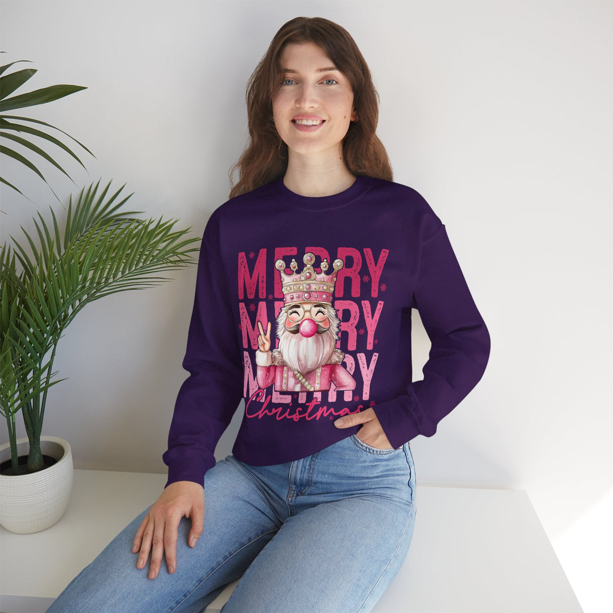 Merry Christmas - Cute Pink Bubblegum Nutcracker – Gildan Heavy Blend | Trendy Women’s Soft Sweatshirt. Direct to Garment. Printed & Shipped in the USA. Unisex Sizes.