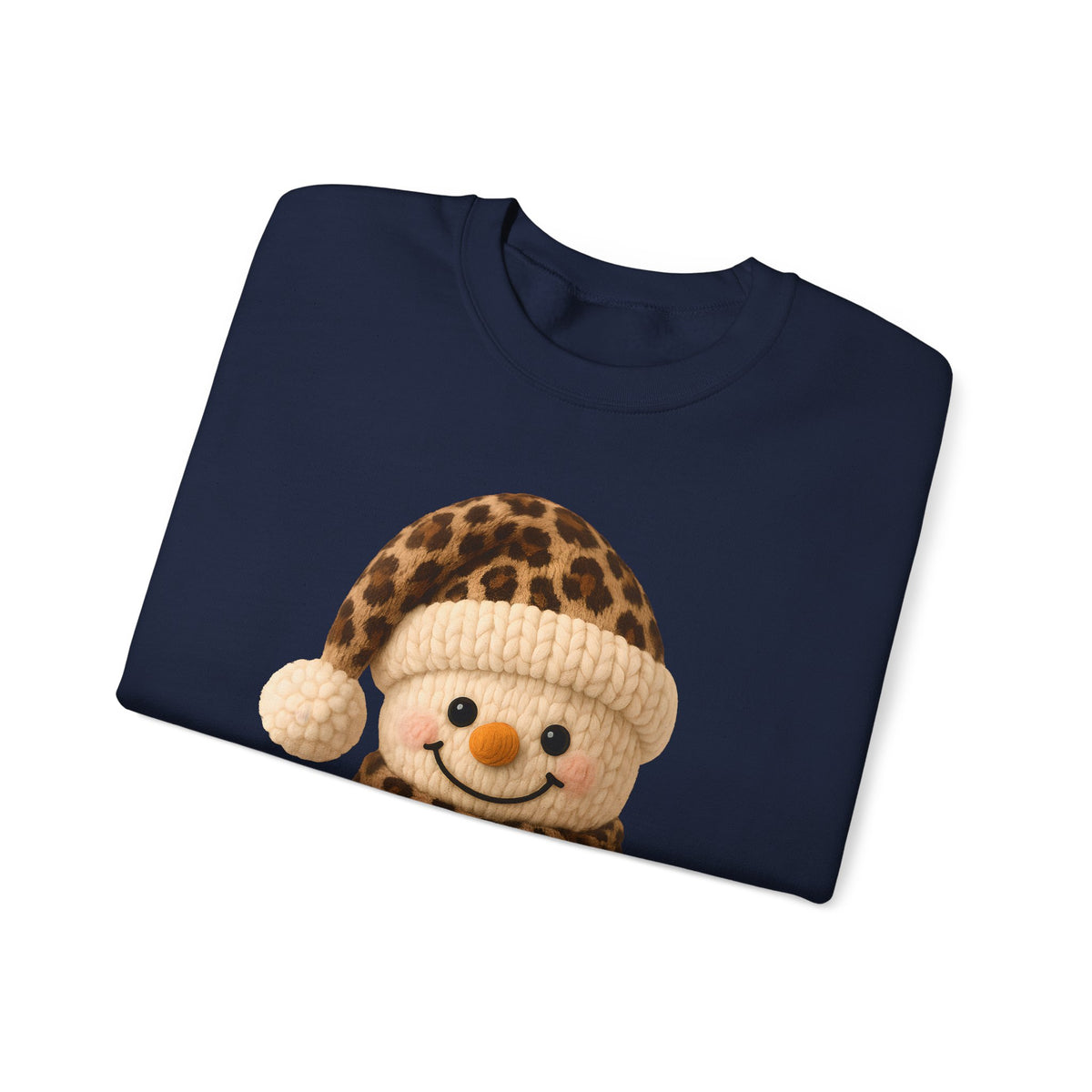 Cute Leopard Faux Knit Snowman Winter – Gildan Heavy Blend | Trendy Women’s Soft Sweatshirt. Direct to Garment. Printed & Shipped in the USA. Unisex Sizes.
