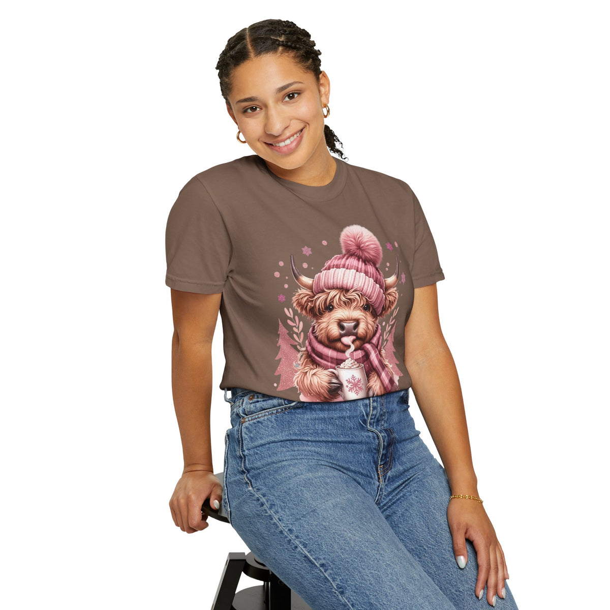 Cozy Highland Cow, Winter Coffee Mug & Scarf - Comfort Colors | Trendy Women's T-Shirt. Direct to Garment. Printed & Shipped in the USA. Unisex Sizes.