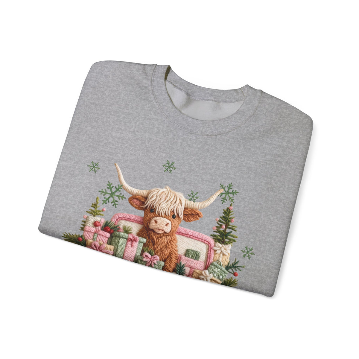 Highland Cow in Pink Truck Merry Christmas Holiday Farmhouse – Gildan Heavy Blend | Trendy Women’s Soft Sweatshirt. Direct to Garment. Printed & Shipped in the USA. Unisex Sizes.
