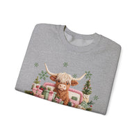 Highland Cow in Pink Truck Merry Christmas Holiday Farmhouse – Gildan Heavy Blend | Trendy Women’s Soft Sweatshirt. Direct to Garment. Printed & Shipped in the USA. Unisex Sizes.