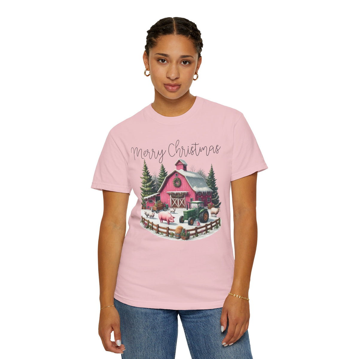 Merry Christmas Pink Barn Farm Animals - Comfort Colors | Trendy Women's T-Shirt. Direct to Garment. Printed & Shipped in the USA. Unisex Sizes.