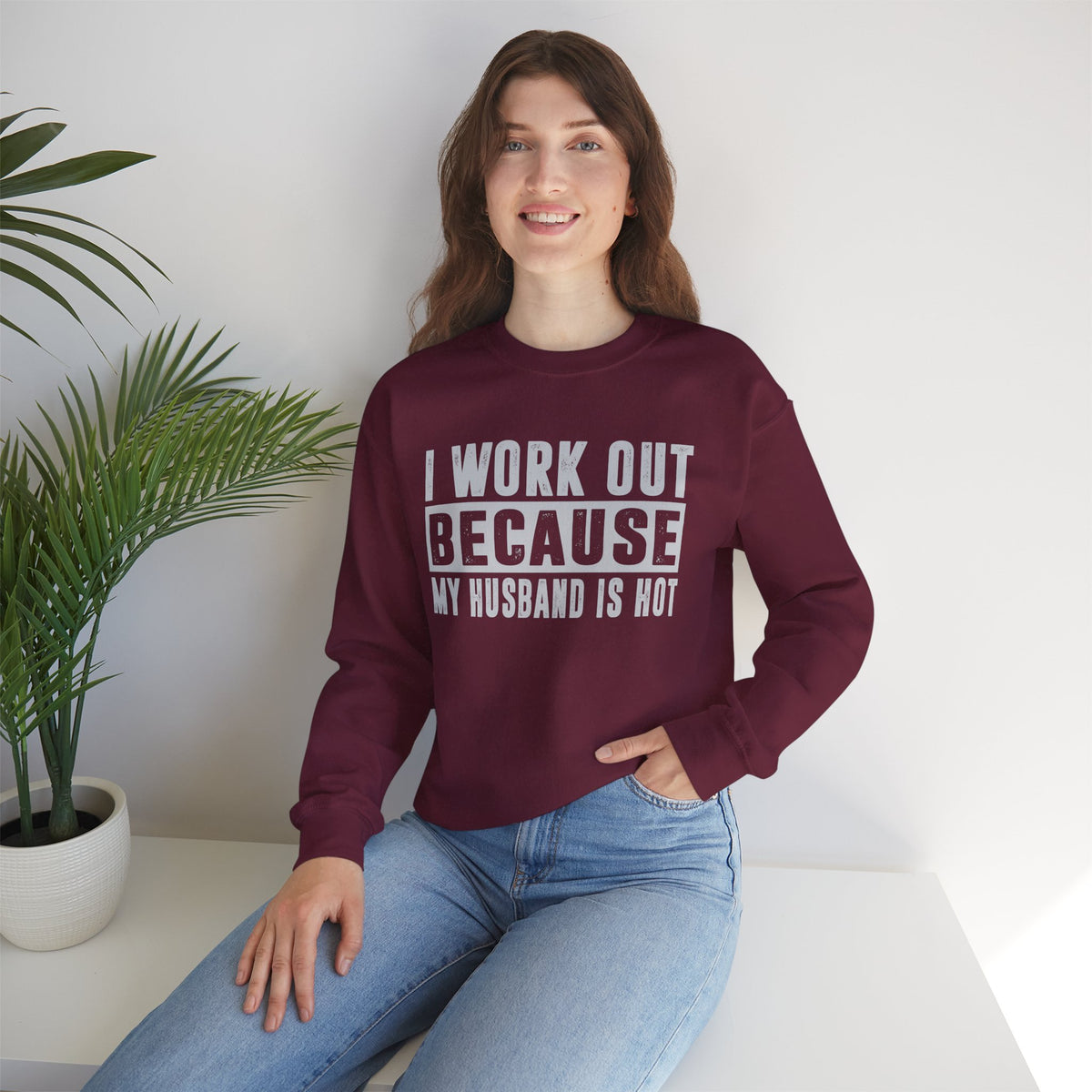 I Work Out Because My Husband Is Hot – Gildan Heavy Blend | Trendy Women’s Soft Sweatshirt. Direct to Garment. Printed & Shipped in the USA. Unisex Sizes.