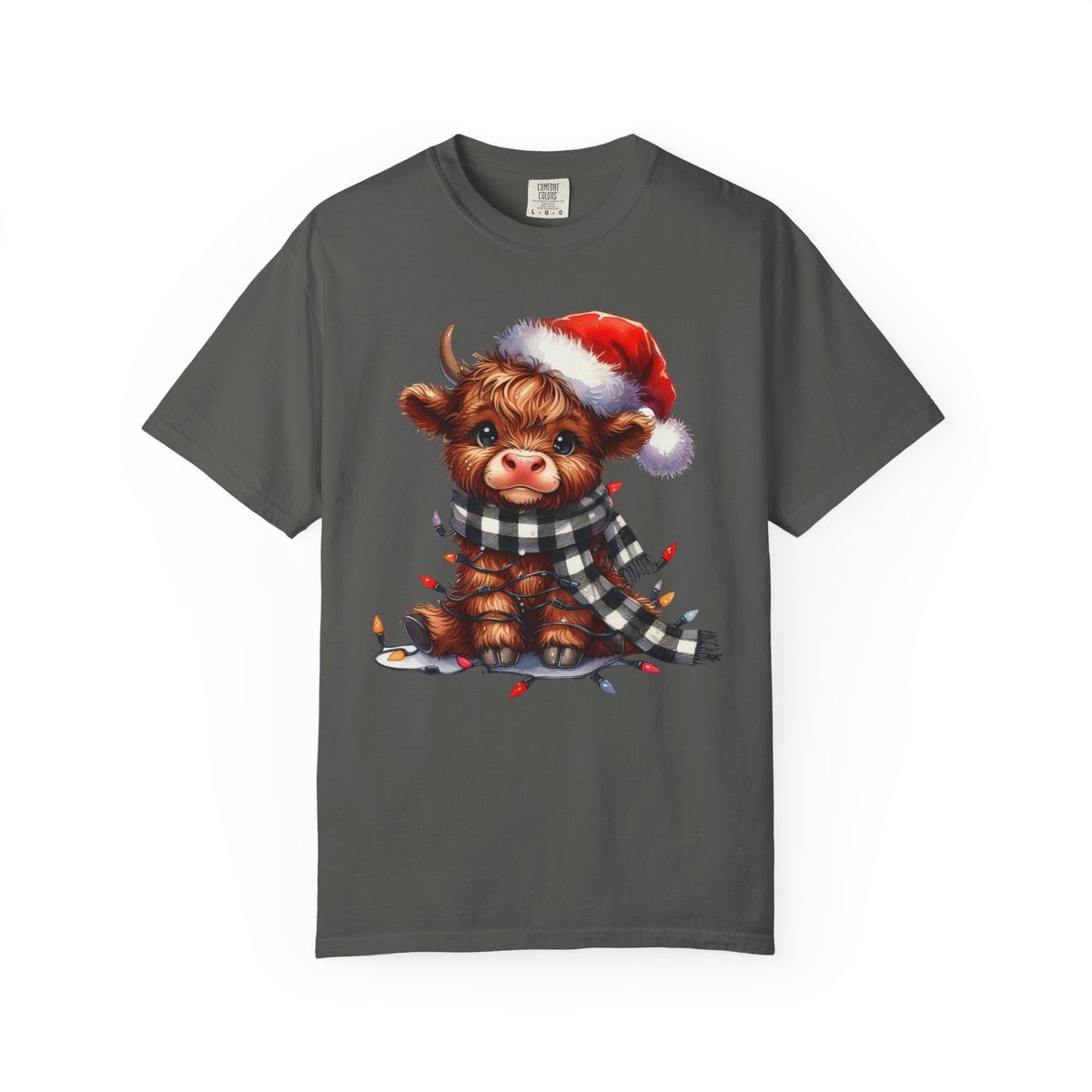 Cute Highland Cow Santa Hat Scarf Christmas Lights - Comfort Colors | Trendy Unisex T-Shirt. Direct to Garment. Printed & Shipped in the USA. Unisex Sizes.