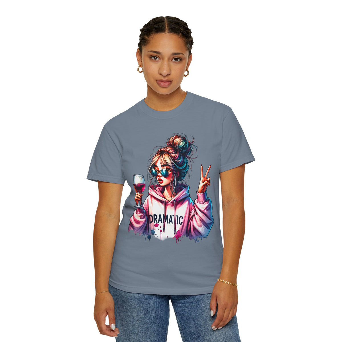 Dramatic Girl With Wine Messy Bun Peace Sign  - Comfort Colors | Trendy Women's T-Shirt. Direct to Garment. Printed & Shipped in the USA. Unisex Sizes.