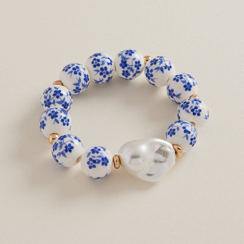 CeramicBracelet w/Floral (Blue) Beads & Organic Shaped Pearl