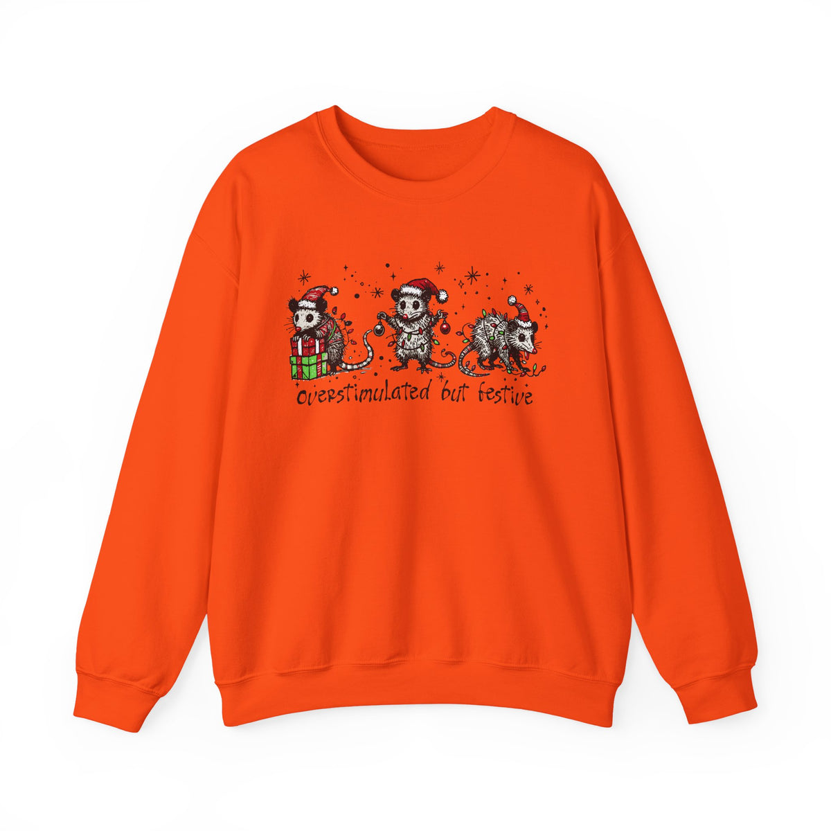 Overstimulated But Festive Christmas Possums – Gildan Heavy Blend | Trendy Women’s and Men's Soft Sweatshirt. Direct to Garment. Printed & Shipped in the USA. Unisex Sizes.