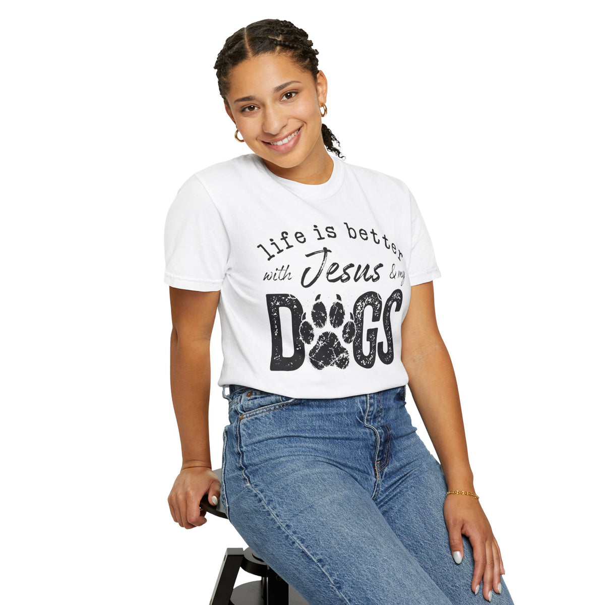 Life is Better With Jesus and My Dogs - Comfort Colors | Trendy Women's and Men's T-Shirt. Direct to Garment. Printed & Shipped in the USA. Unisex Sizes.