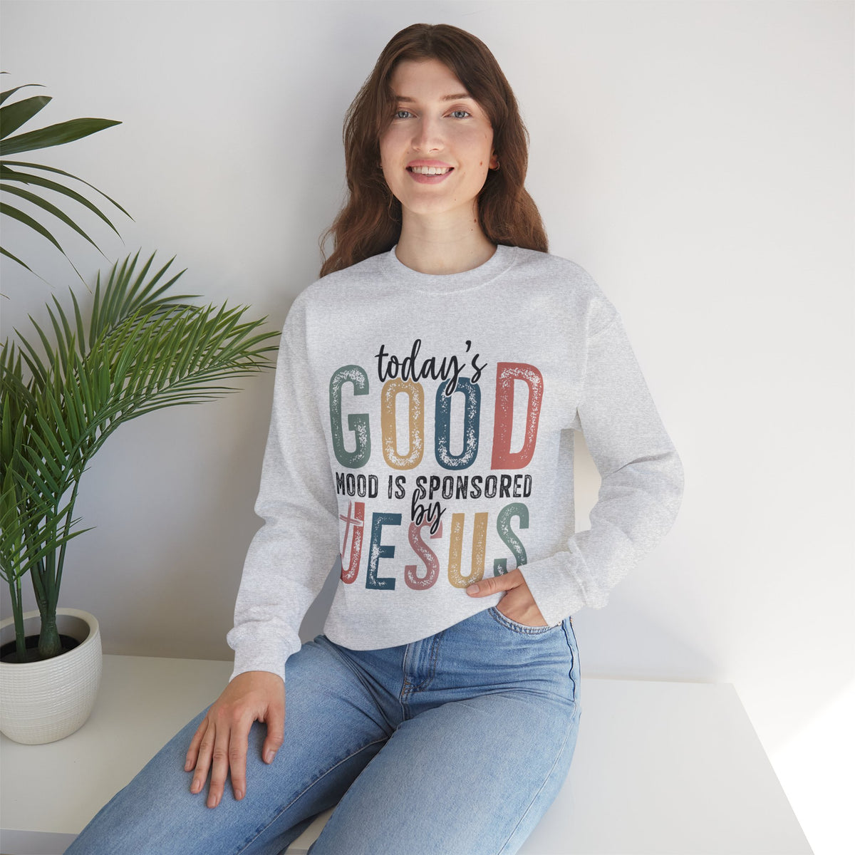 Today's Good Mood Sponsored By Jesus, Christian, Faith – Gildan Heavy Blend | Trendy Women’s Soft Sweatshirt. Direct to Garment. Printed & Shipped in the USA. Unisex Sizes.
