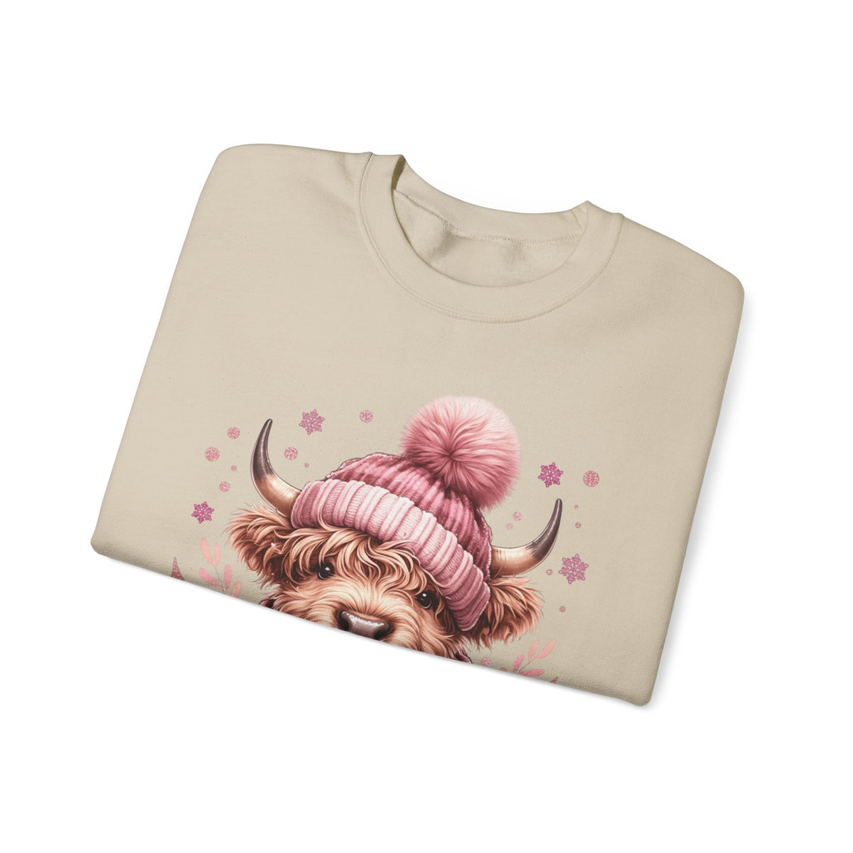 Cozy Highland Cow, Winter Coffee Mug & Scarf Pink – Gildan Heavy Blend | Trendy Women’s Soft Sweatshirt. Direct to Garment. Printed & Shipped in the USA. Unisex Sizes.