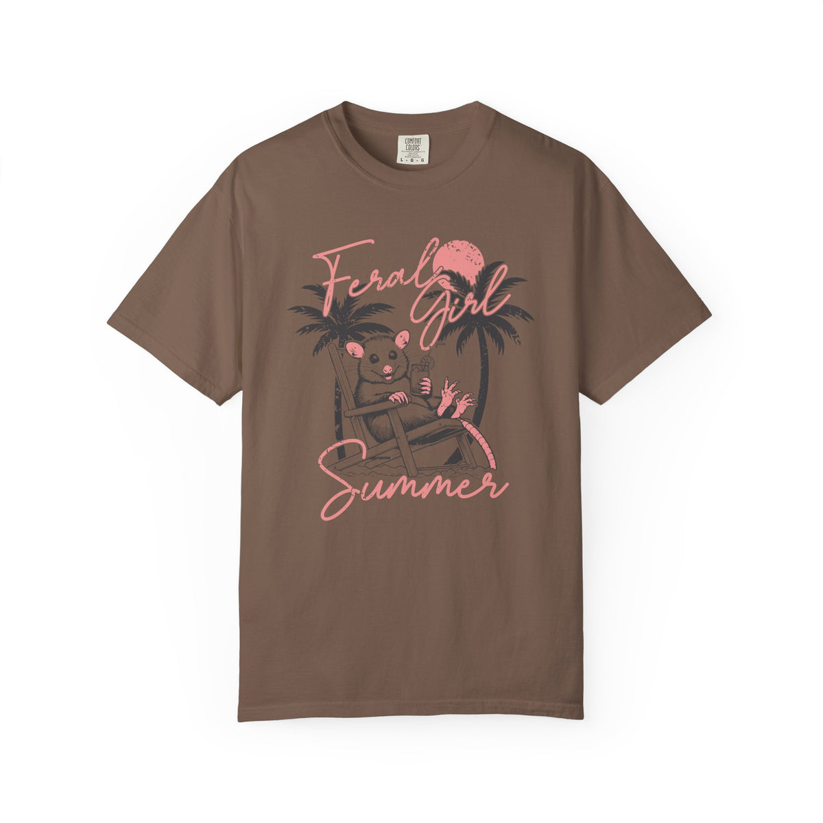 Feral Girl Summer, Possum on a Beach - Comfort Colors | Trendy Women's T-Shirt. Direct to Garment. Printed & Shipped in the USA. Unisex Sizes.