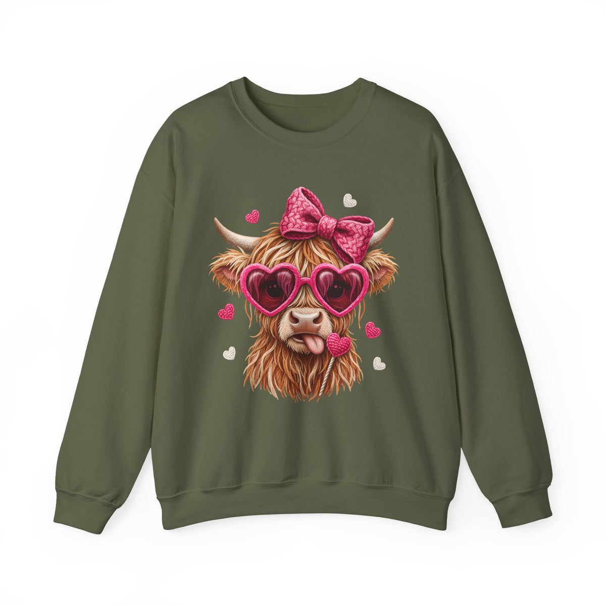 Highland Cow - Pink Heart Shaped Glasses – Gildan Heavy Blend | Trendy Women’s Soft Sweatshirt. Direct to Garment. Printed & Shipped in the USA. Unisex Sizes.